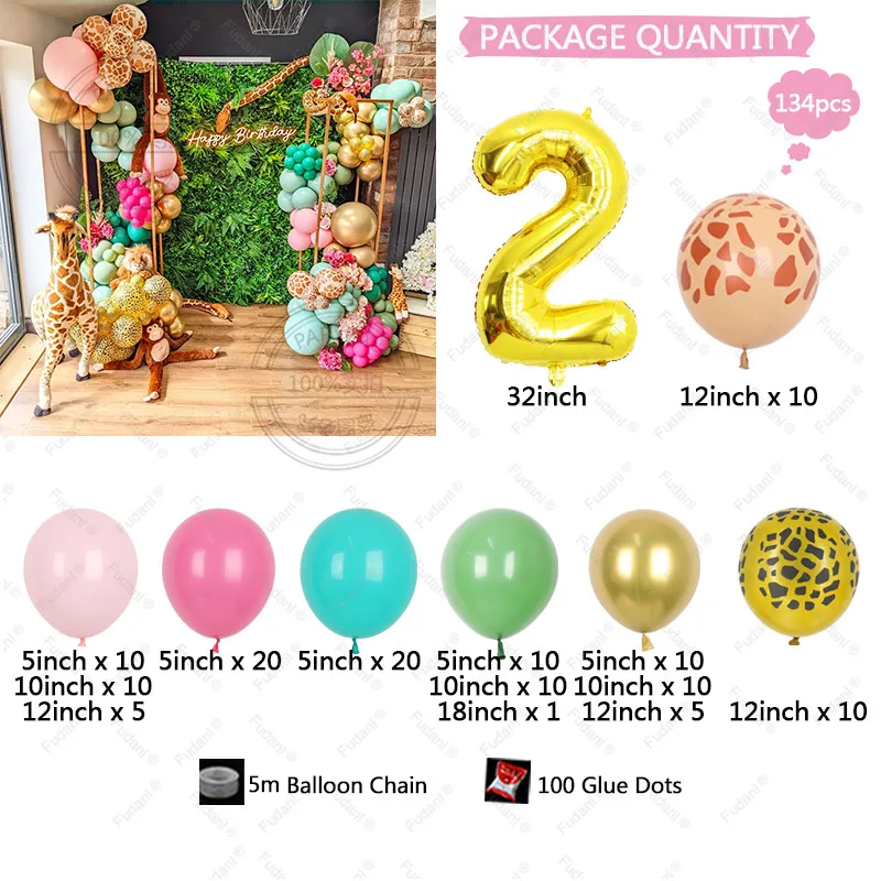 134pcs Jungle Birthday Party Giraffe Printed Balloon Garland Wild One Baby Shower Decorations baby Pink Sage Green Balloon Arch