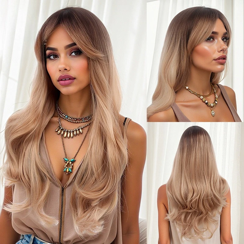

Wig dirty orange female new long curly hair full hair high temperature silk gradual change wig