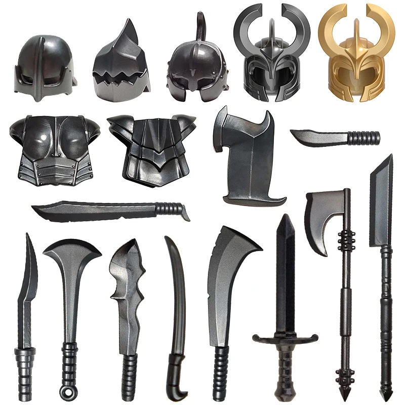 Blocs de construction militaires médiévaux, figurines de soldats, armes croisées, accessoires de chevaliers spartiates, casque d'épée de guerrier, jouet Tomahawk