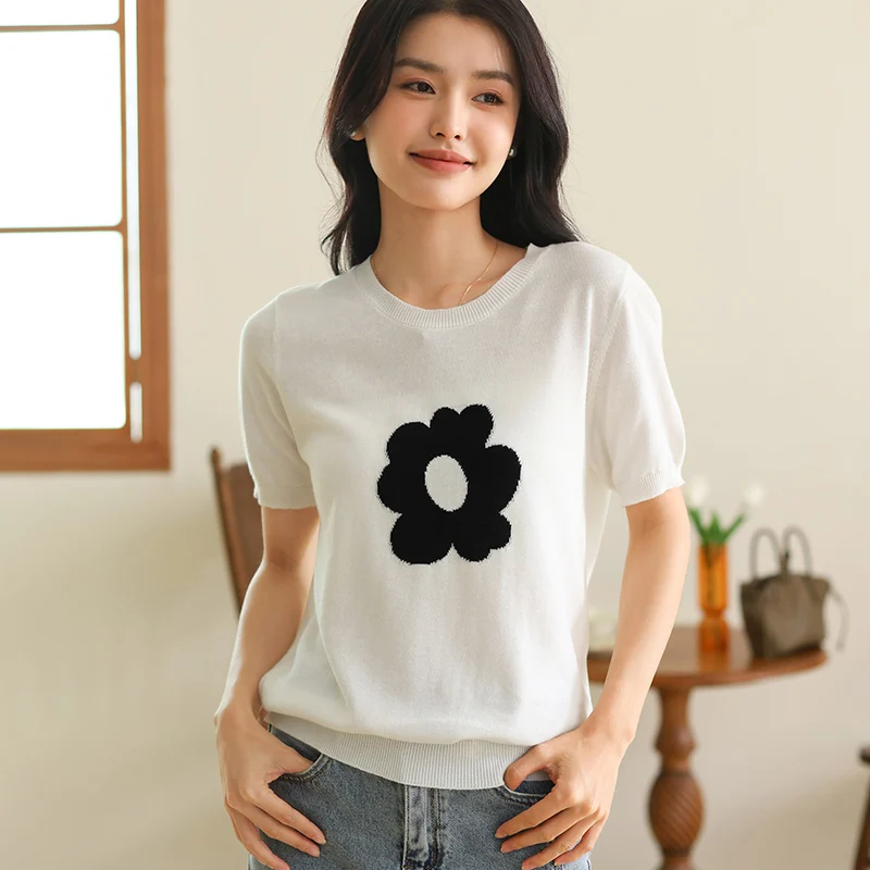 

Summer Fashion Women's 100% Pure Cotton Short Sleeve O-neck Pullover T-shirt Loose Knitted Casual Hollow Top
