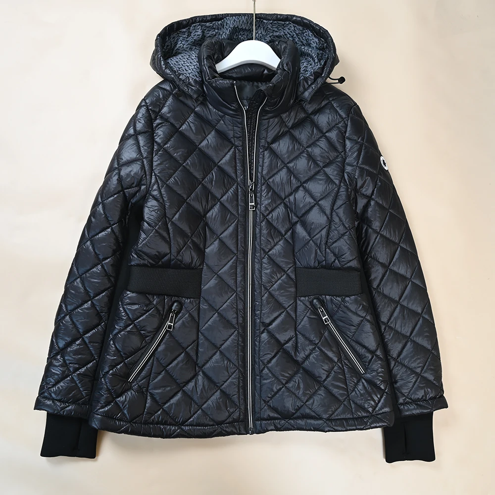 

Winter New Women's Casual Quilted Detachable Hat Finger Sleeve Cotton Jacket Bright Surface Diamond Pattern Splicing