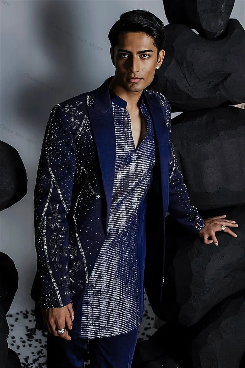 

Blue Luxury Crystals Men Suits Set 2 Pcs Blazer+Pants Trousers Wedding Tuxedos Cotton Formal Office Customized Jacket Coat