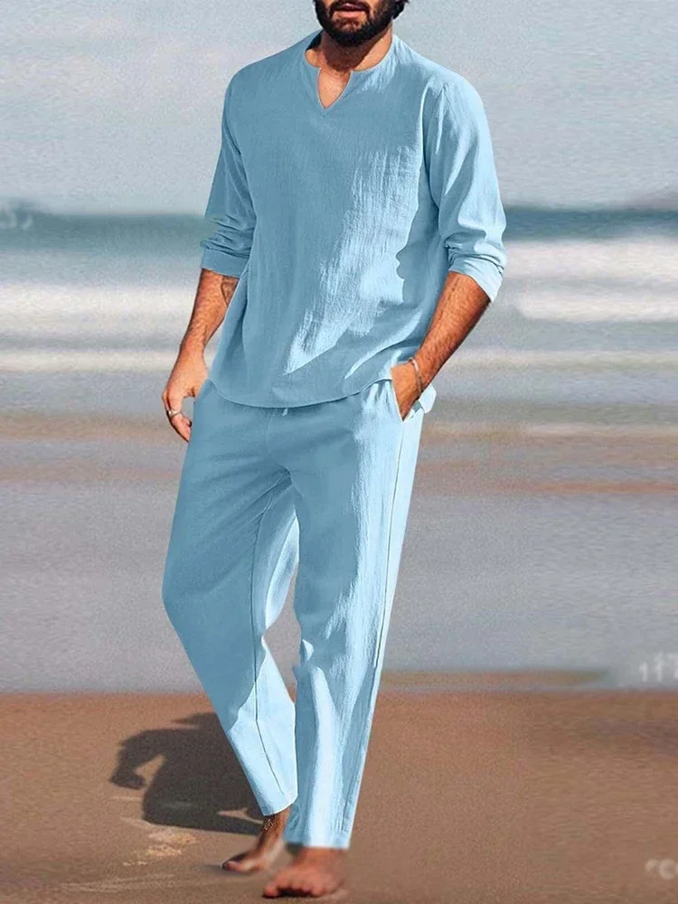 

Men Outfit Set 2025 Spring Summer Loose Cotton Linen Two Piece Set Mens Solid Color Long Sleeve Pullover Tops Long Pant Suits