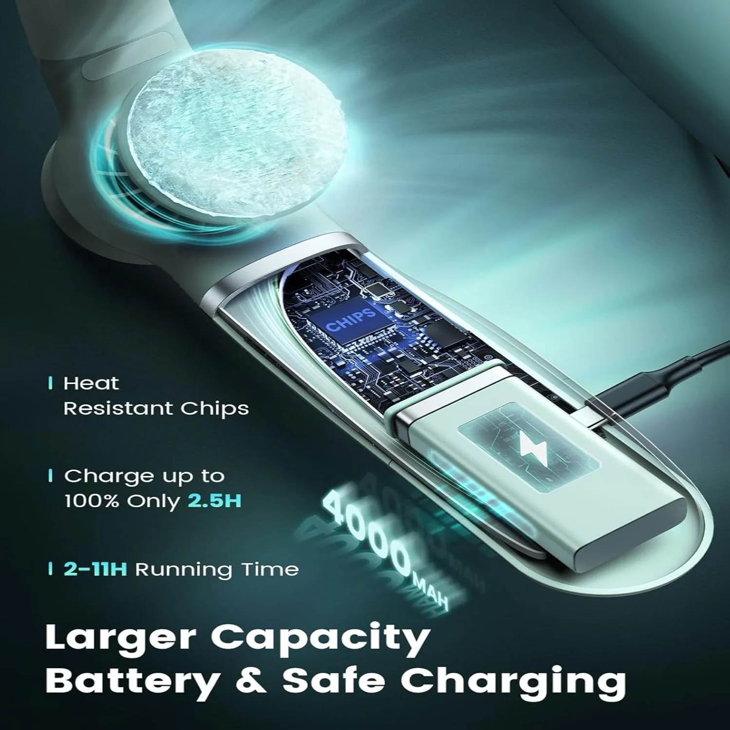 พัดลมแอร์คอ, พัดลมคล้องคอแบบพกพาพร้อมชิปทําความเย็น, °   พัดลมคล้องคอระบายความร้อน 4000mAh Personal H