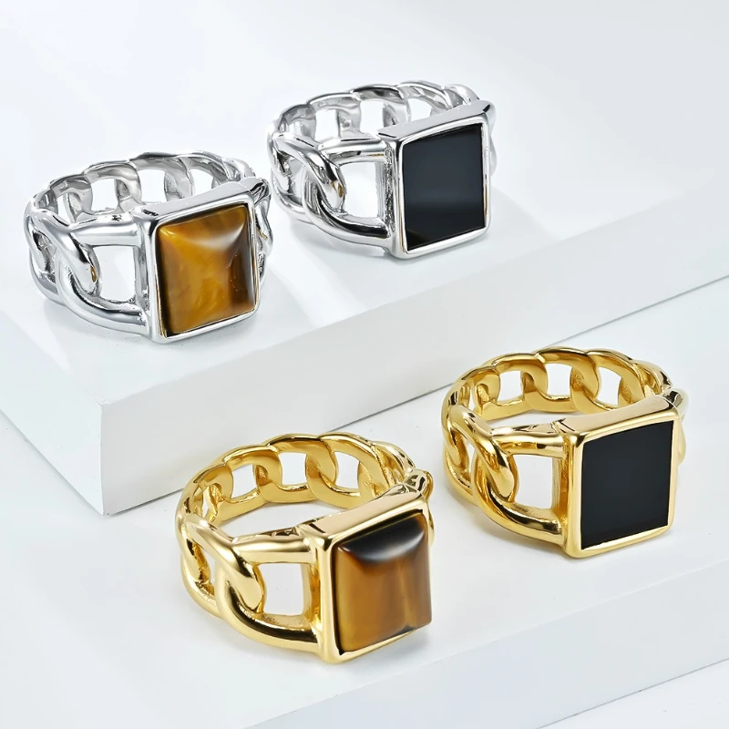 Kubanische Kette Tigerauge Stein Geometrische Ringe Titan Stahl Männlich Weiblich Personalisierte Hip Hop Mode Ring Schmuck – Detail 3