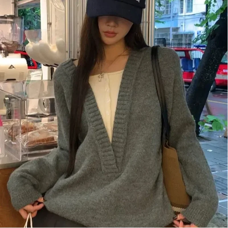 

High End Lazy Style New Knitwear Gray Loose Retro Autumn Winter Women's Sweater Fake Two Piece Long Sleeve Top