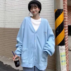 American fashion cardigan women, autumn loose V-neck light blue hoodie cardigan jacket, college style casual trend brand