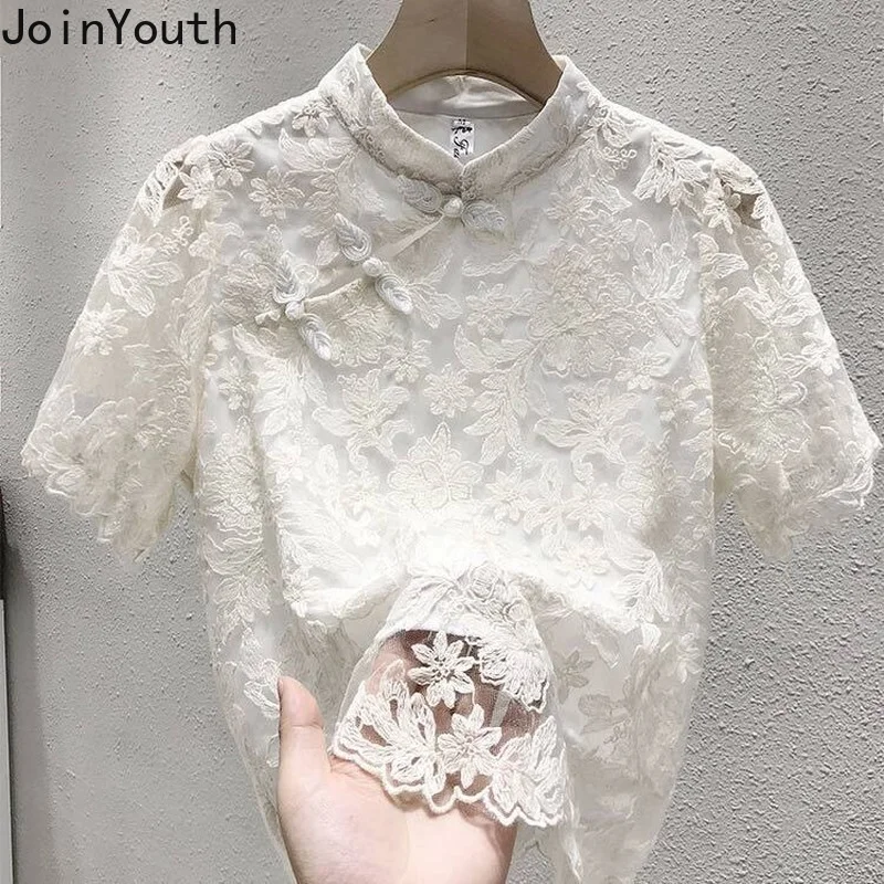 Chiffon Lace Blouse Women Short Sleeve Stand Neck Vintage Shirts 2023 Blusas Mujer De Moda Korean Summer Blouses Tops Femme