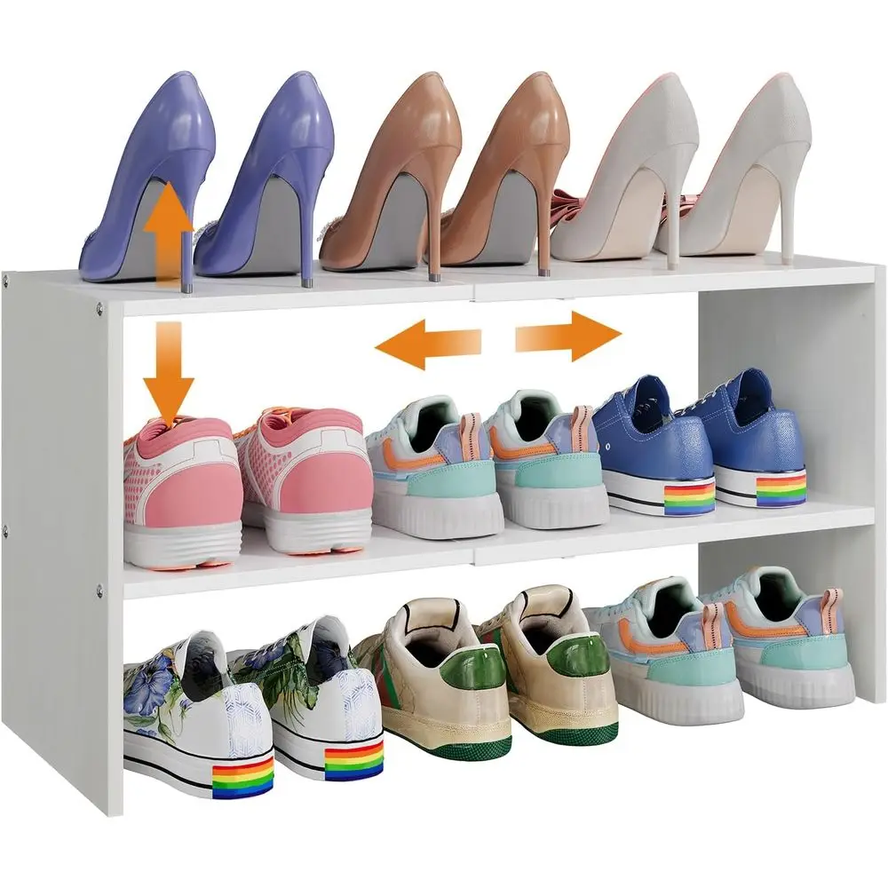 

2-Tier Expandable Adjustable Shoe Rack Organizer, White Shoe Storage Shelves for Entryway, Small Space, Hallway, Garage
