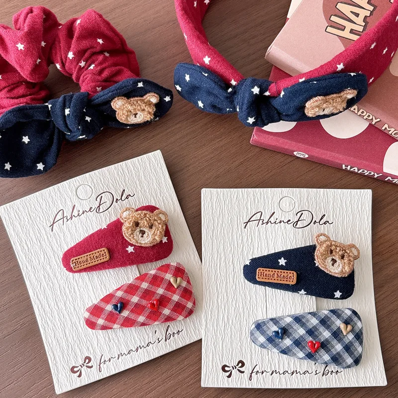 

Korean Style Bear Hair Clips Set Blue Fabric Barrettes for Girls Side Bangs BB Clips Butterfly Headband Hair Hoop Accessory New