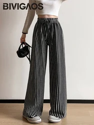 BIVIGAOS Spring New Vertical Striped Towel Straight Casual Pants Women High Waist Retro Lazy Style Drawstring Wide Leg Pants