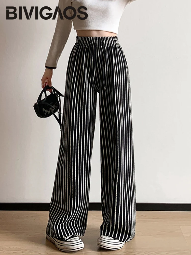 BIVIGAOS Spring New Vertical Striped Towel Straight Casual Pants Women High Waist Retro Lazy Style Drawstring Wide Leg Pants