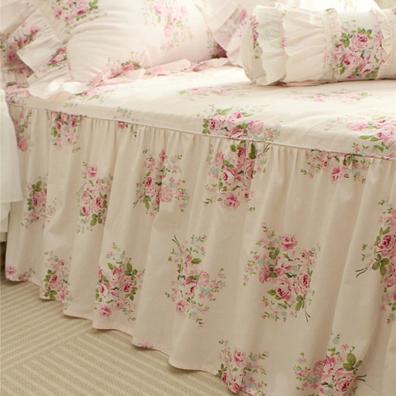 

Pure Cotton Bed Sheet French Floral Princess Style Double Bed Skirt Bed Sheet Elegant Bedspread King Size Home Bedroom Bedding