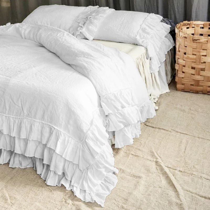 Pure Linen Ruffle Duvet Cover Set with Pillow Case Double Comforter Bedding Set Quilt Cover Queen/King Couple or Single Bed