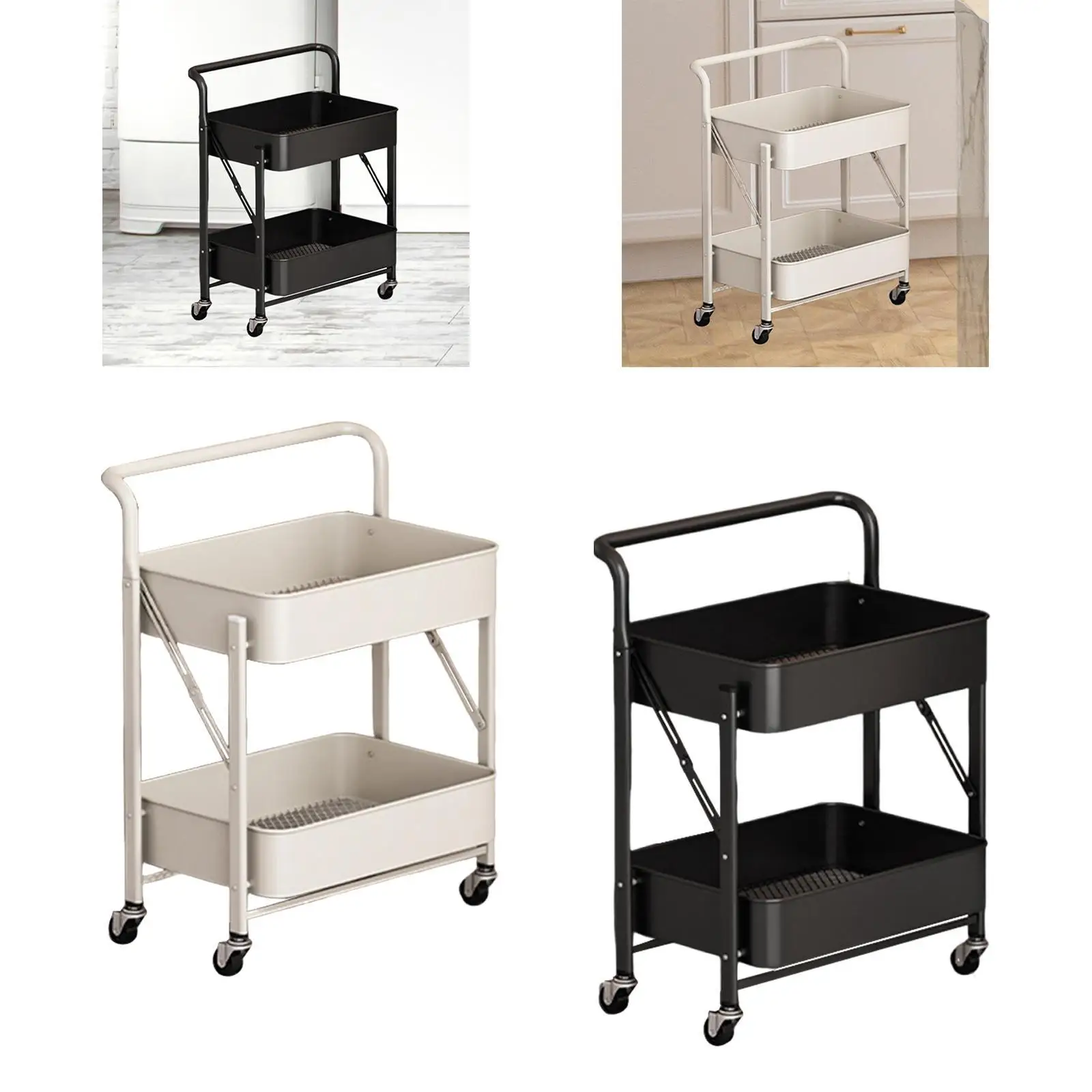 

Rolling Cart with Wheels Utility Cart Folded Heavy Duty Carbon Steel Mobile Shelving Kitchen Storage Rack for Laundry Office