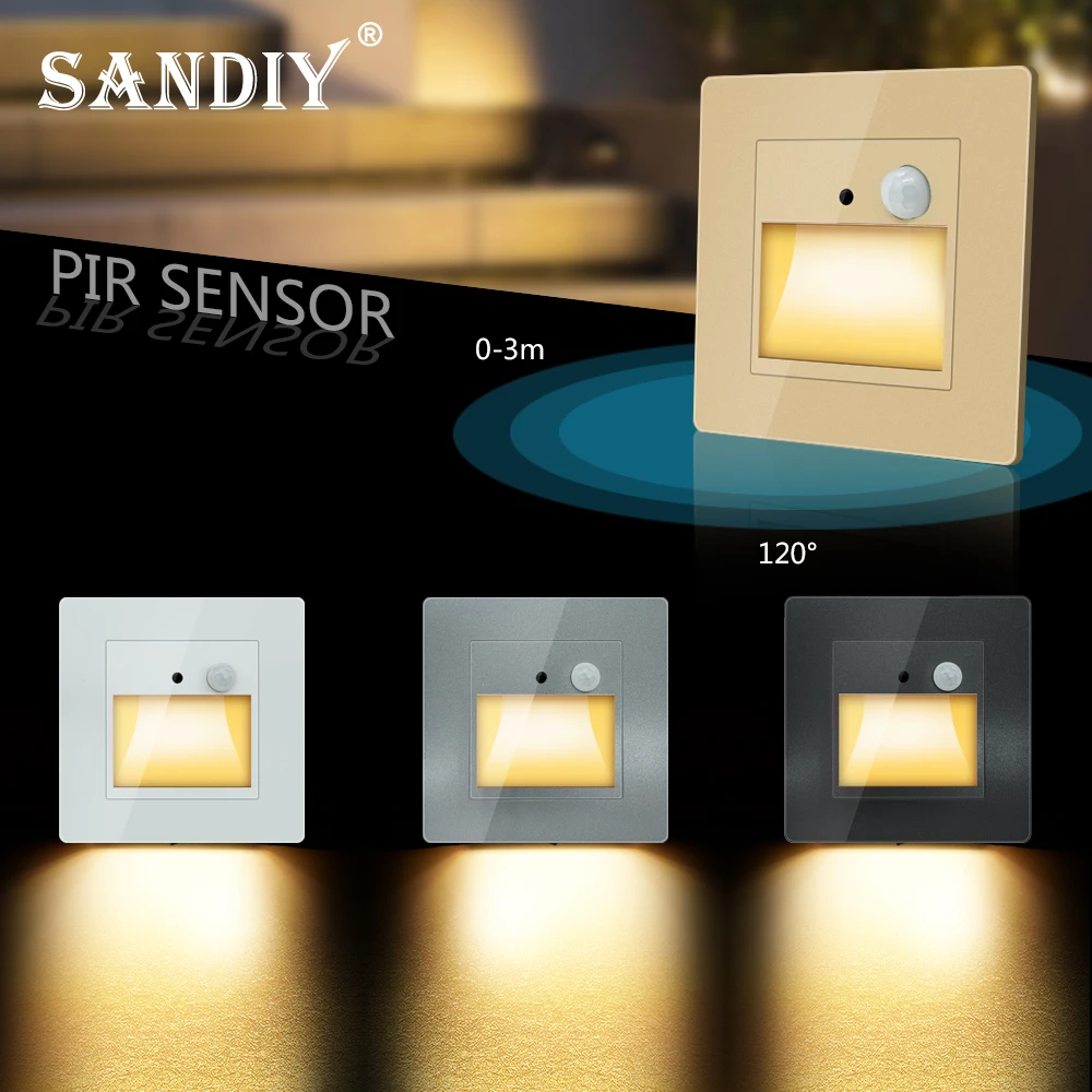 SANDIY Recessed Wall Lamps PIR Motion Sensor Stair Lights Led Night Light for Ladder Kitchen Bedroom Indoor Luminaire 110V/220V