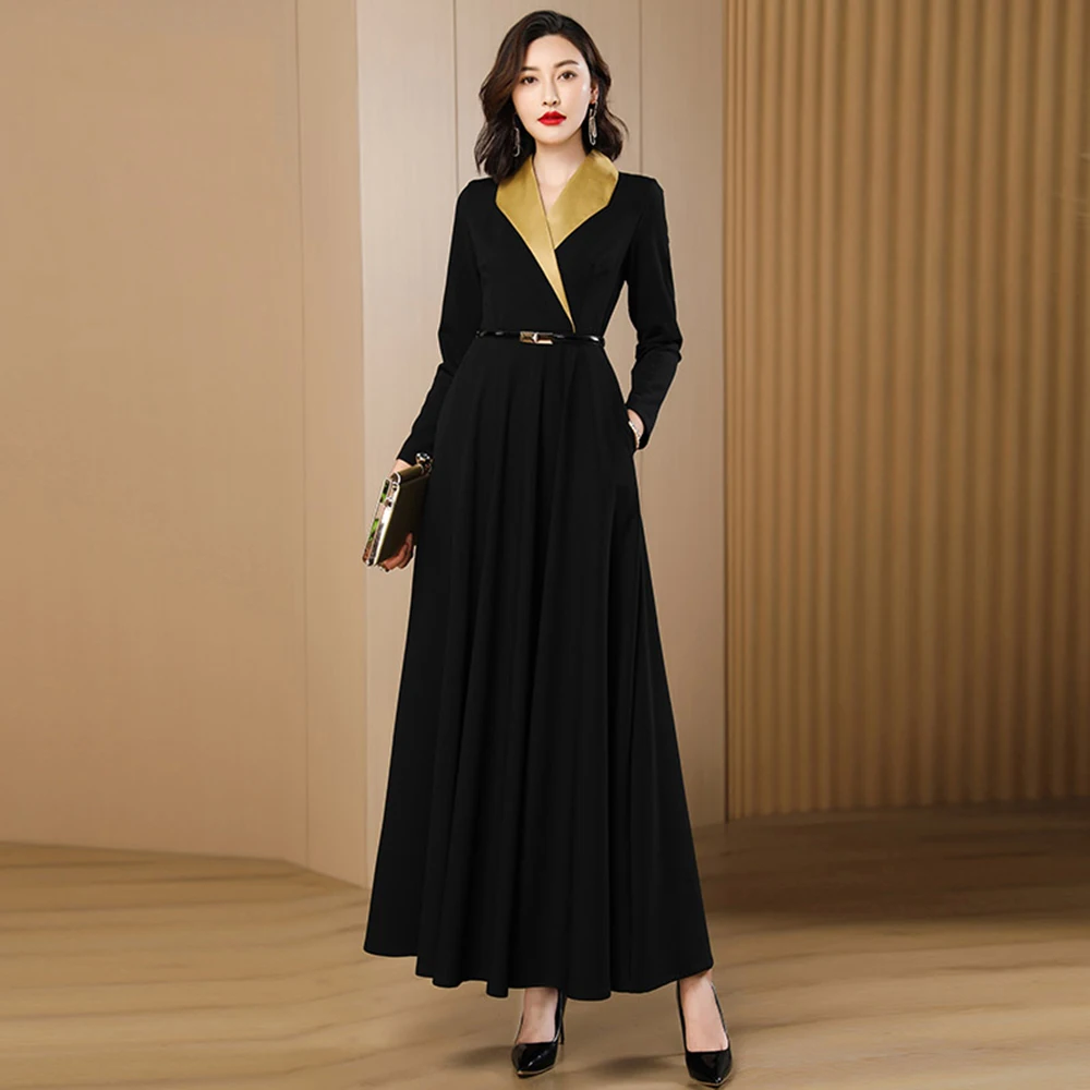 

New Women Lengthened Dress Spring Autumn Fashion Elegant Notched Collar Long Sleeve Black Dress High Waist Slim Long Dress