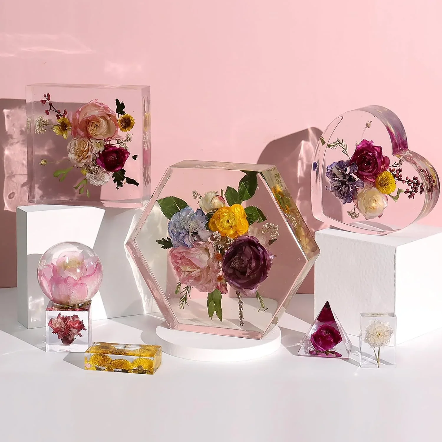 

8-Piece Silicone Resin Molds, Deep Epoxy Resin Casting Kit for Flower Bouquet Preservation, Large Square, Hexagon & Heart Molds