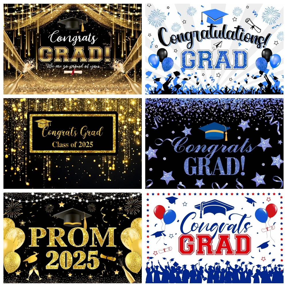 

2025 Class Graduation Photography Backdrop Black Gold Bachelor Cap Balloon Congrats Grad Prom Banner Background Photo Studio