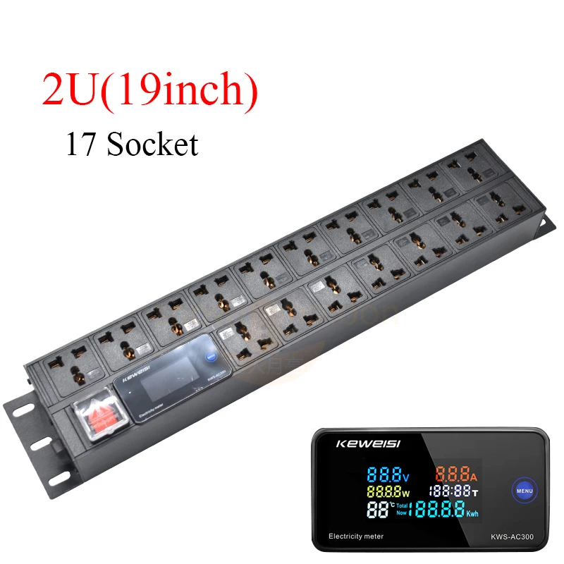 

2U PDU Power Strip distribution unit 19Inch Voltmeter Ammeter Power Energy Meter 17 Ways Extenison Socket Break Switch