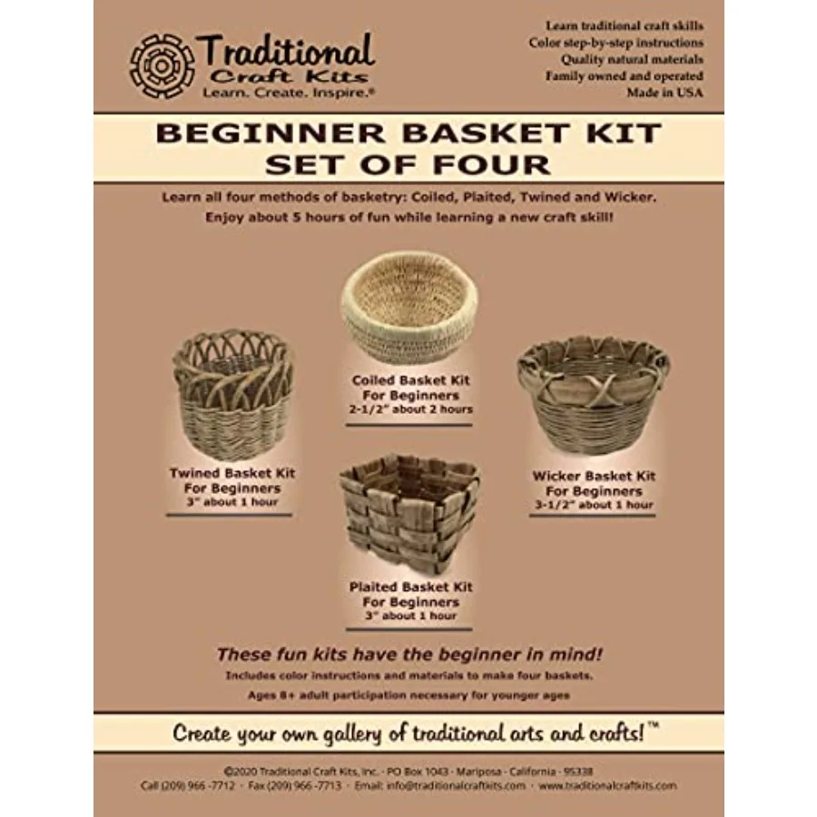 

Beginner Basket Kit Set of Four Coil Plaited Twined Wicker Crafting Supplies for DIY Projects in Natural Beige and Brown with E