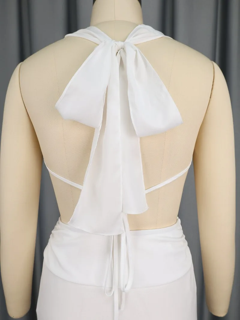 Ensemble 2 pièces pour femmes, couleur unie, décontracté, col oscillant, col licou, dos nu, débardeur + pantalon froncé, taille haute, jambes larges