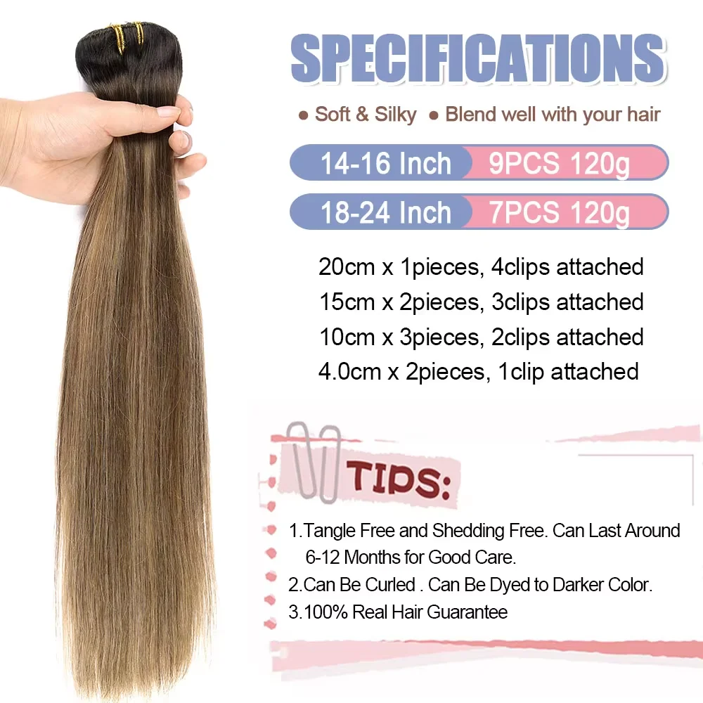 Ombre Dark Brown to Ash Brown Mix Beige Blonde Clip in Human Hair Extensions 7pcs 120g Thick Hair Natural Straight Clip in Human Hair Extensons for Women Daily Party Use
