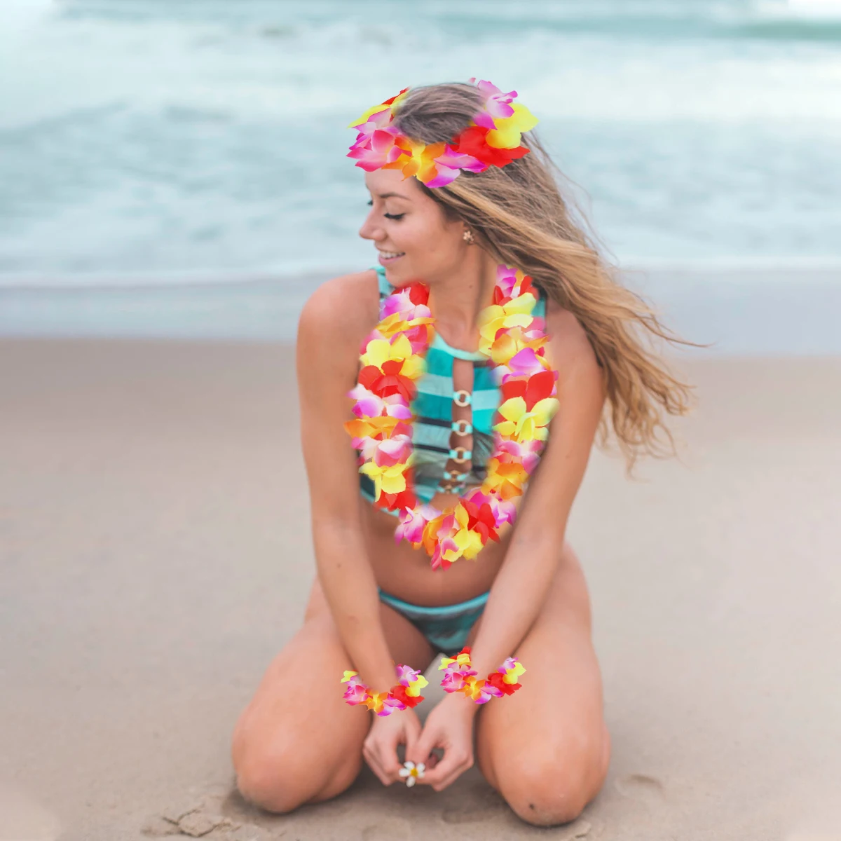 

4Pcs Flower Garland Headpiece Bangle Set Lightweight Exquisite Design for Festival Luau Beach Gatherings Hh4-Colorful