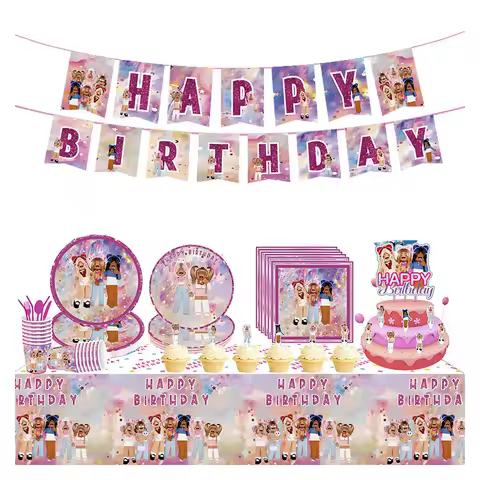 9pcs Pink ROBLOX Creative Peripheral Girl Birthday Party Spiral Hanging Decoration Flag Balloon Cake Insert Decoration Supplies