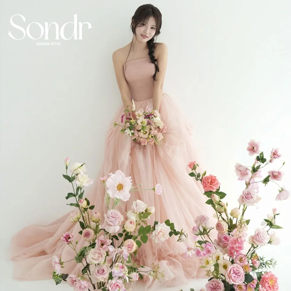 

Sondr Customized Elegant Strapless Pink Wedding Dress Korean Photo Shoot A Line Sleeveless Soft Tulle Bridal Gown Evening Dress