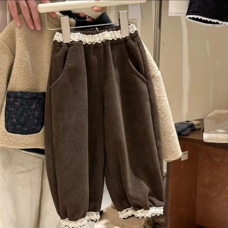 

2025 Winter New Children's Lace Lace Splicing Striped Velvet Thick Warm and Velvet Pants