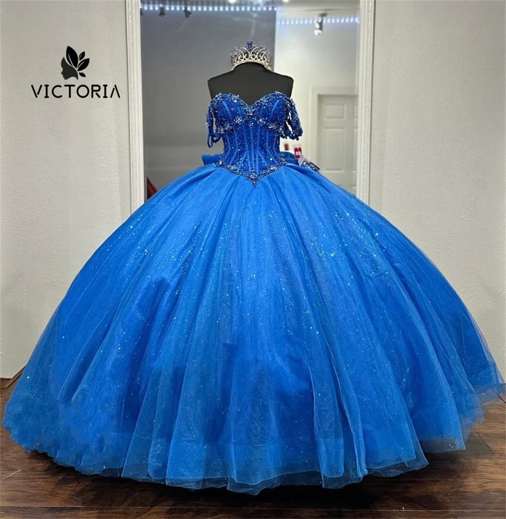 Perfecte Koningsblauwe Quinceanera Jurk Prinses Lief 15 Jaar Meisje Verjaardagsfeestje Jurk Off The Shoulder Vestidos De Quinceañera