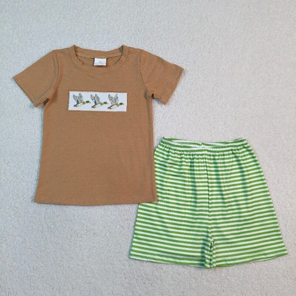 Wholesale Baby Boy Short Sleeves Embroidery Ducks Shirt Children Kids Set Green Stripes Shorts Boys Toddler Outfit Clothes