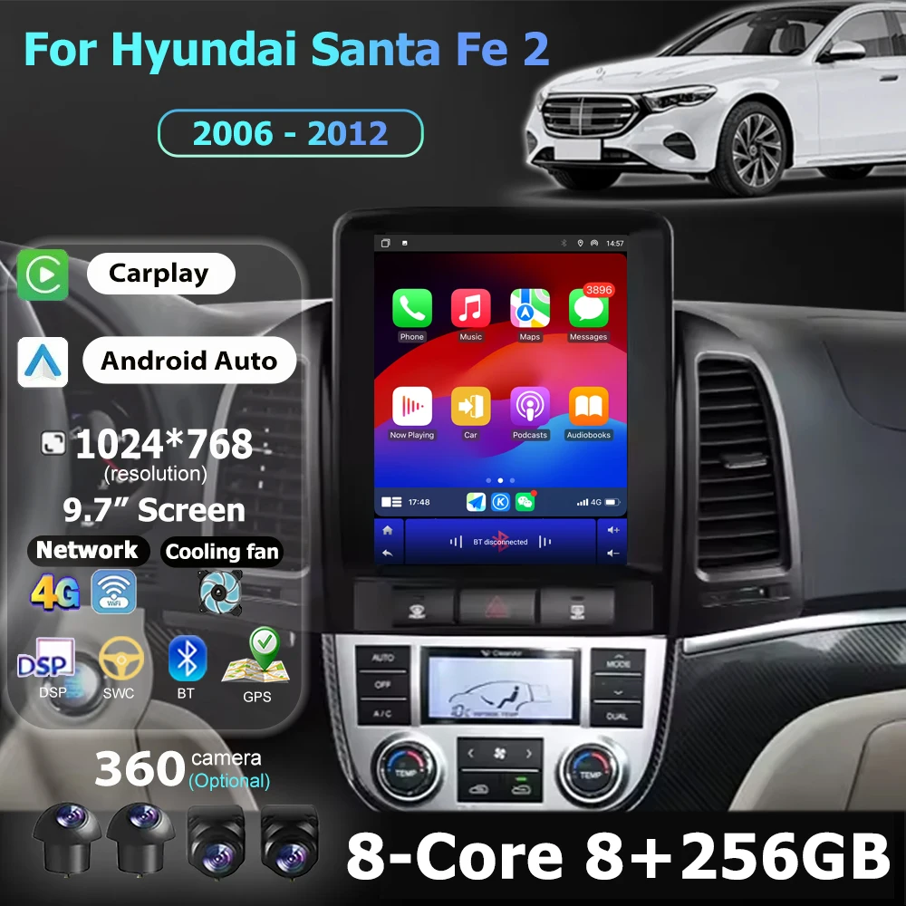 

Wireless Carplay For Hyundai Santa Fe 2 2006 - 2012 Android 16 Car Radio Multimedia Video Player GPS Navigation Tools 9.7 Inch