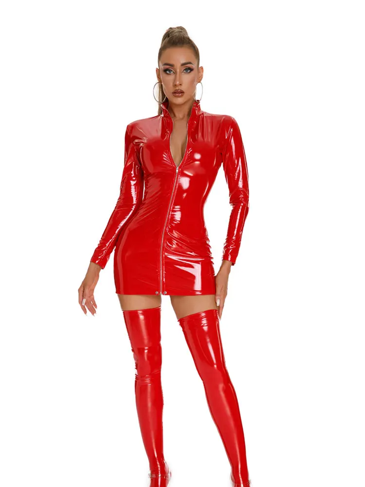 Sexy PU Faux Leather Wetlook Women\'s Dresses With Front Zipper Open Long Sleeve Turtleneck Elastic Female Night Club Tight Dress