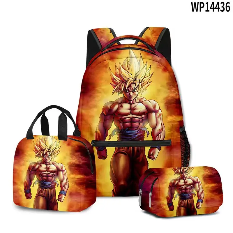 Anime Dragon Ball Z Goku 3d Backpack Printing 3-Piece Set Students Back To School Seasongift Fashion Schoolbag Lunch Bag Pen Bag