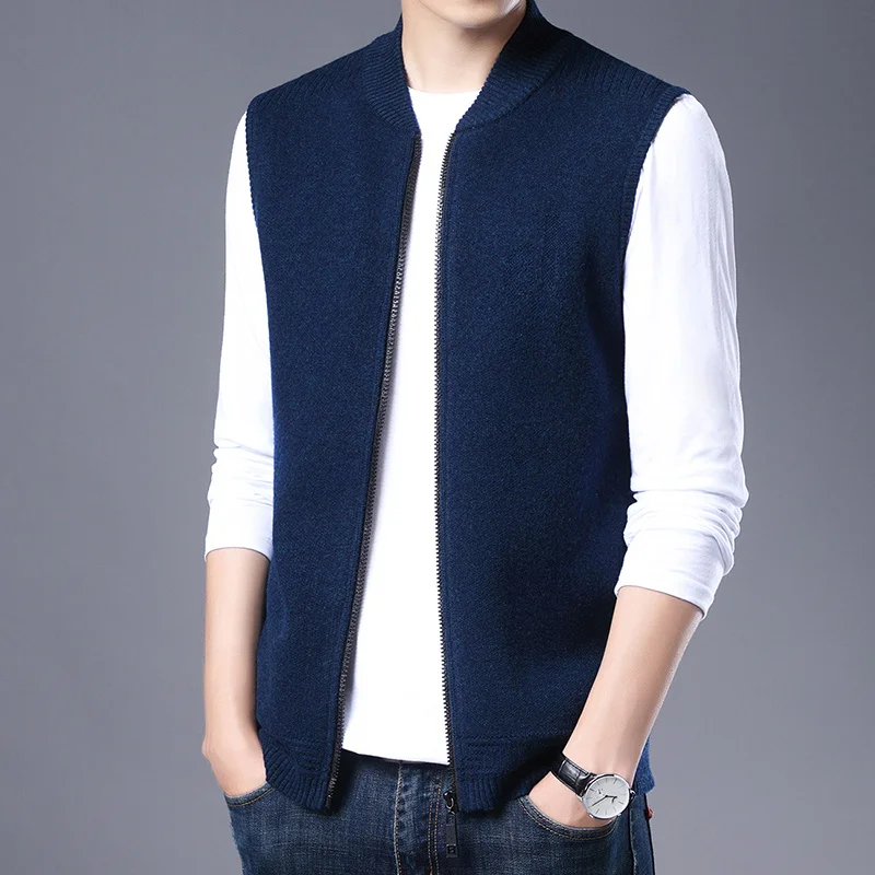 pure 100 wool winter cardigan vest men's round neck zipper sleeveless waistcoat knitted vest warm cashmere sweater