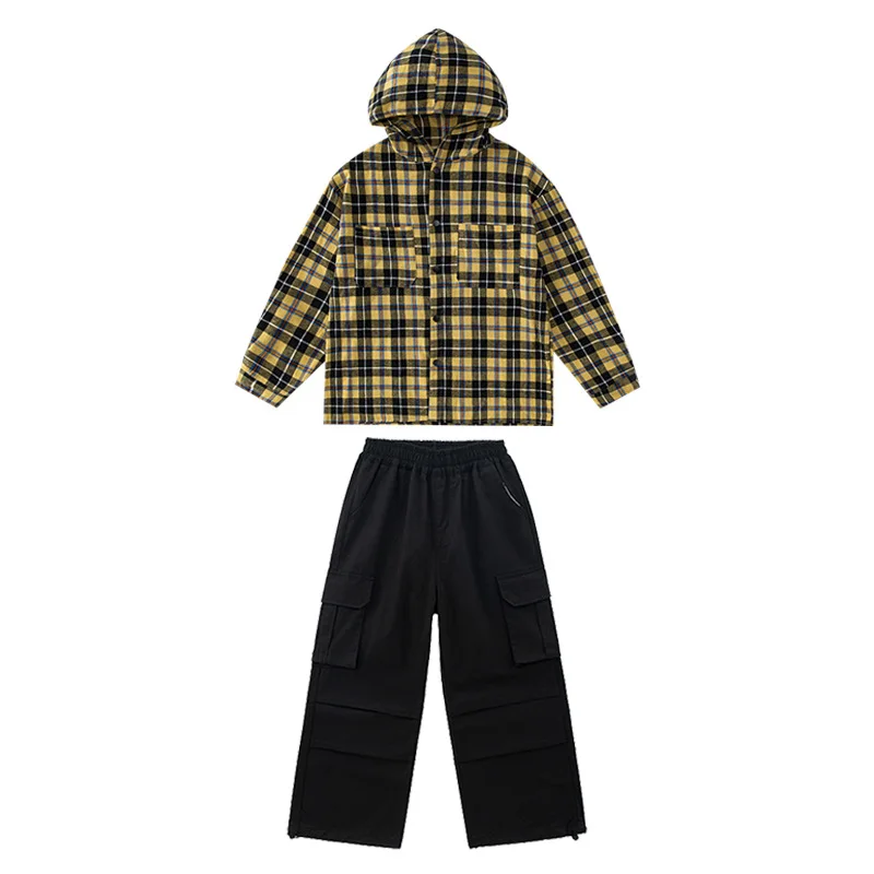 Neue Jazz Dance Kleidung Mädchen Hip Hop Kostüm Lose Kariertes Hemd Schwarze Hosen Jungen Breaking Street Dance Outfit Lange Ärmel Anzug