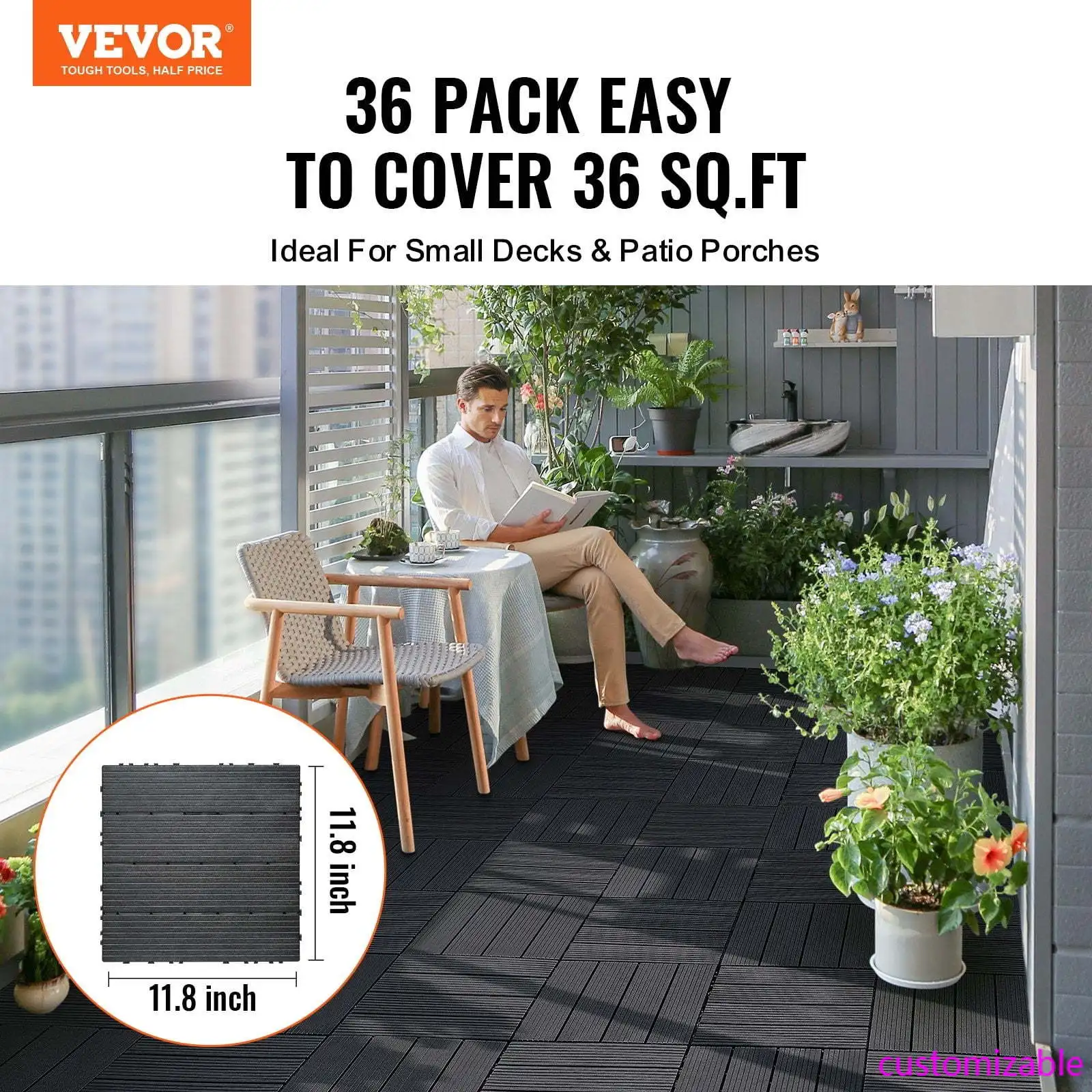

Interlocking Deck Tiles 36 Pack 12"x12" Plastic for Porch Dark Grey