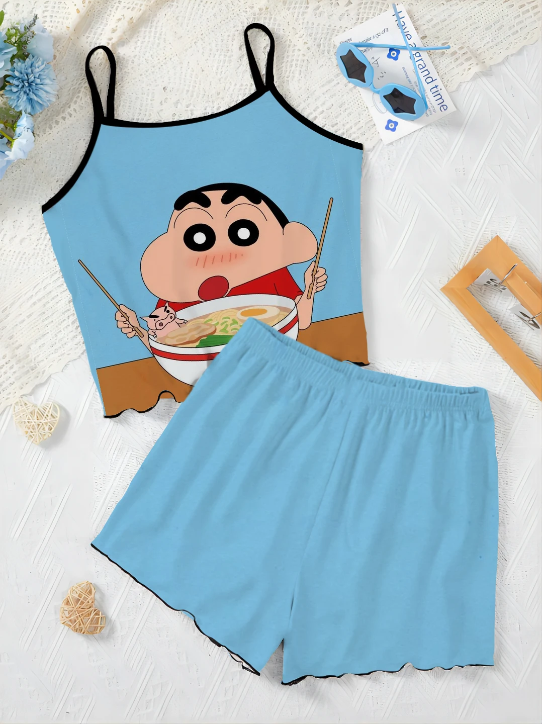 Pajama Skirt Crayon Shin-chan Women's Suit Top Slip Dress Short Sets Lettuce Trim Satin Surface T-shirt Pieces Elegant Home Top