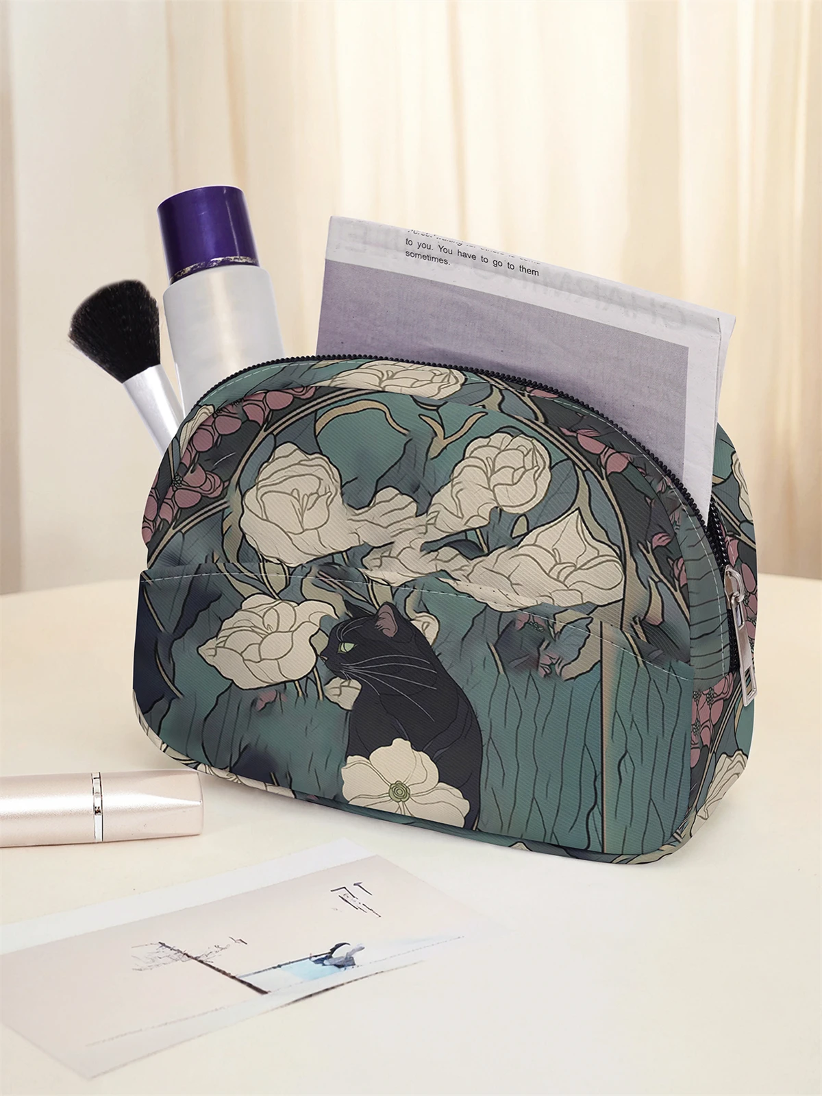 Art Nouveau Schwarze Katze Weißer Blumendruck Kosmetiktasche mit Reißverschluss für Reise-Toilettenartikel-Aufbewahrung – Detail 2