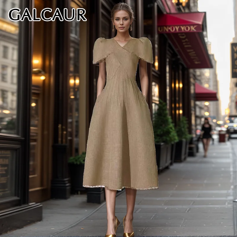 GALCAUR Elegant Retro Midi Dresses For Women V Neck Puff Sleeve High Waist Patchwork Folds Temperament Dress Female Clothes New