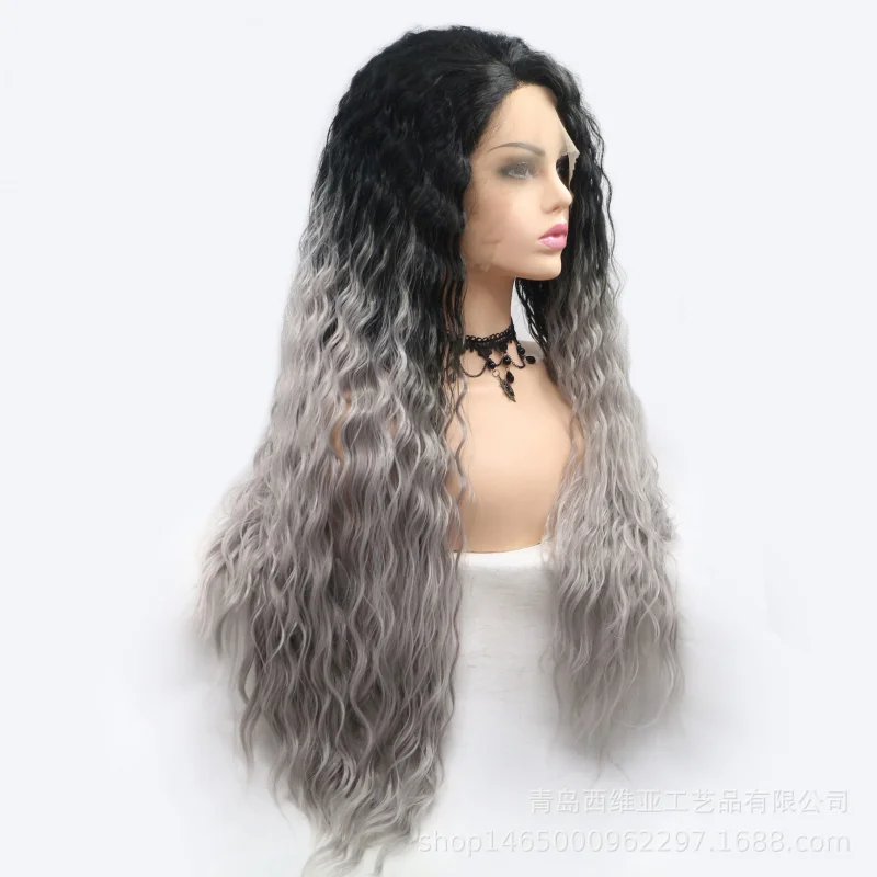 

Gradient gray corn perm wool curly long hair high-temperature synthetic fiber lace front wig