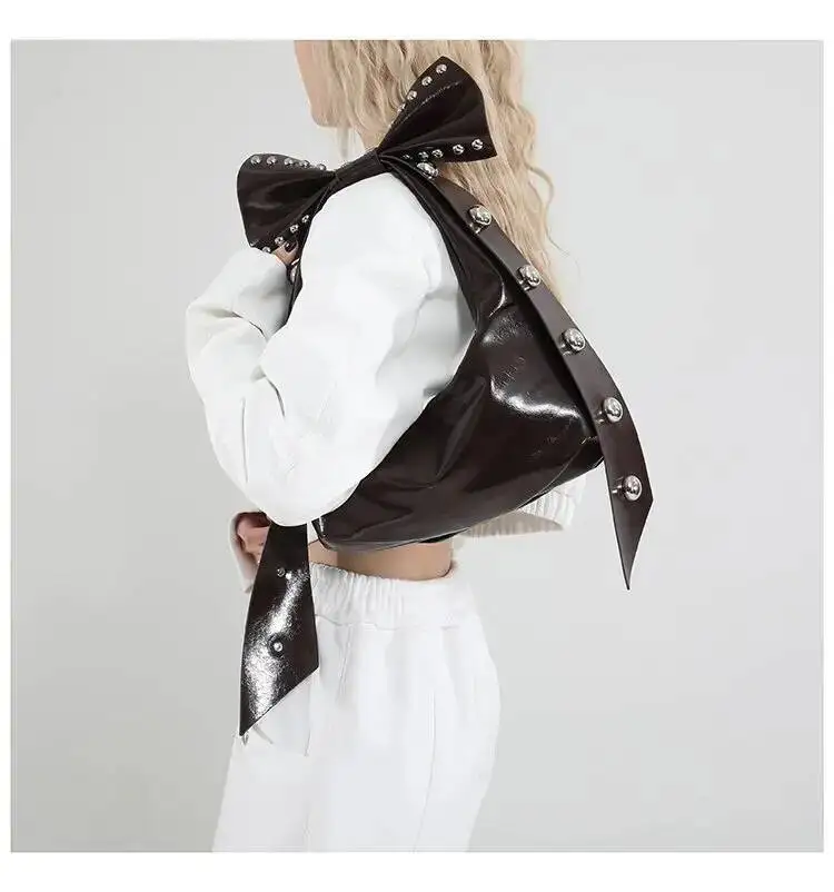 Bloom Fairy Core Aesthetic Pink Bow Shoulder Bags For Women Versatile Rivet Pu Leather Y2k Handbag Hot Girls Underarm Bag 2025