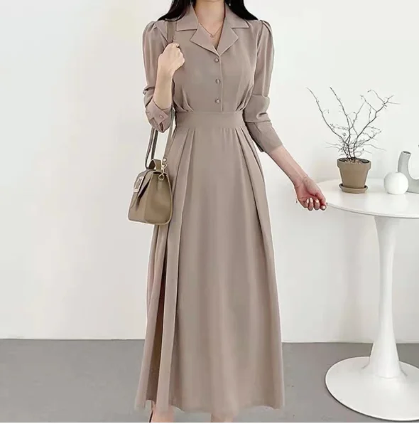 

3 Colors Solid Vestidos Women Slim Long Sleeve Fashion Korean Chic Style V Neck Single Breasted Button Elegant Long Shirt Dress