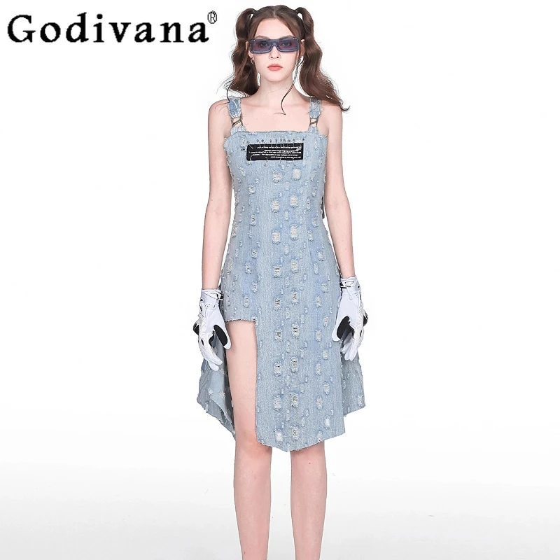 

Новое летнее синее рваное джинсовое платье неправильной формы в стиле рок для девочек, модные тонкие платья трапециевидной формы с вырезом на подтяжках