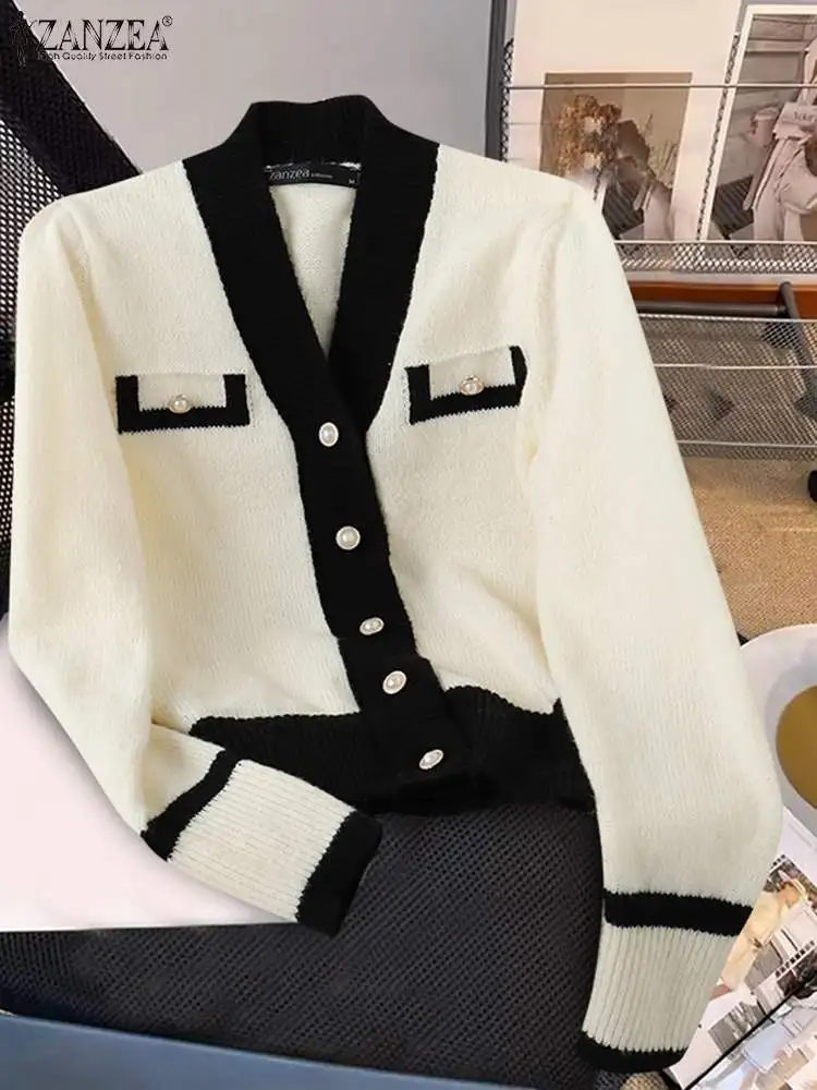 

ZANZEA Women Patchwork Office Short Coats 2024 Fashion Vintage Autumn Cardigans Korean Pearl Buttons Jackets Elegant Work Suit