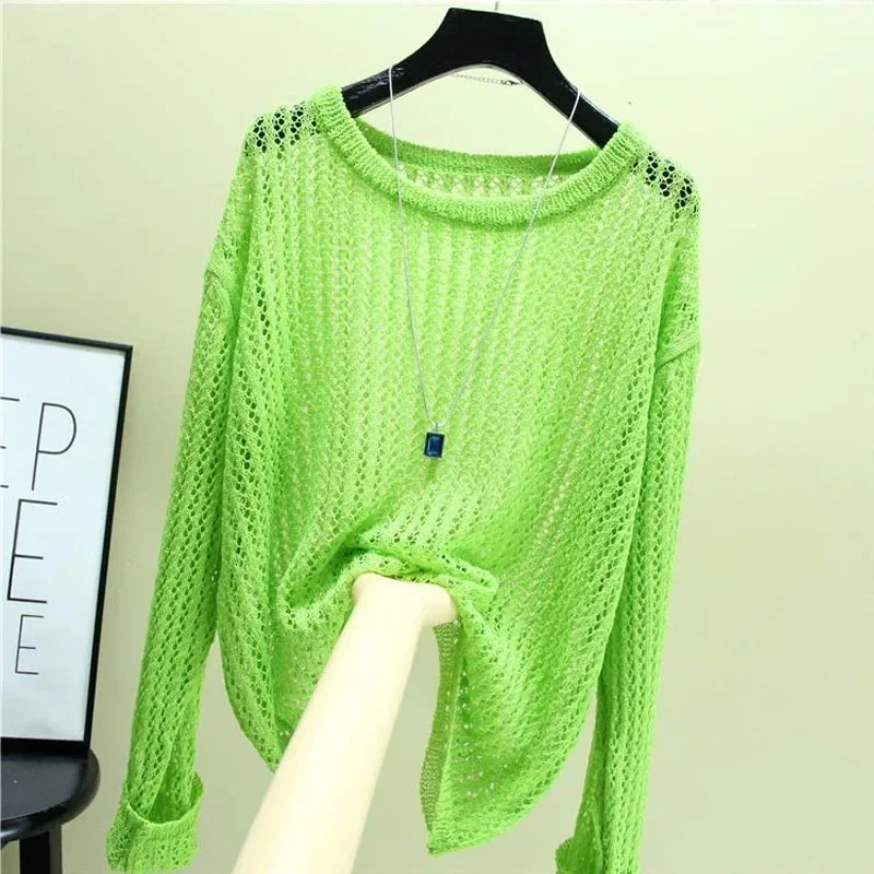 Ice Shreds Multicolor Fashion Women Summer New Large Size Knitting girocollo a maniche lunghe tinta unita Casual All-match Tops