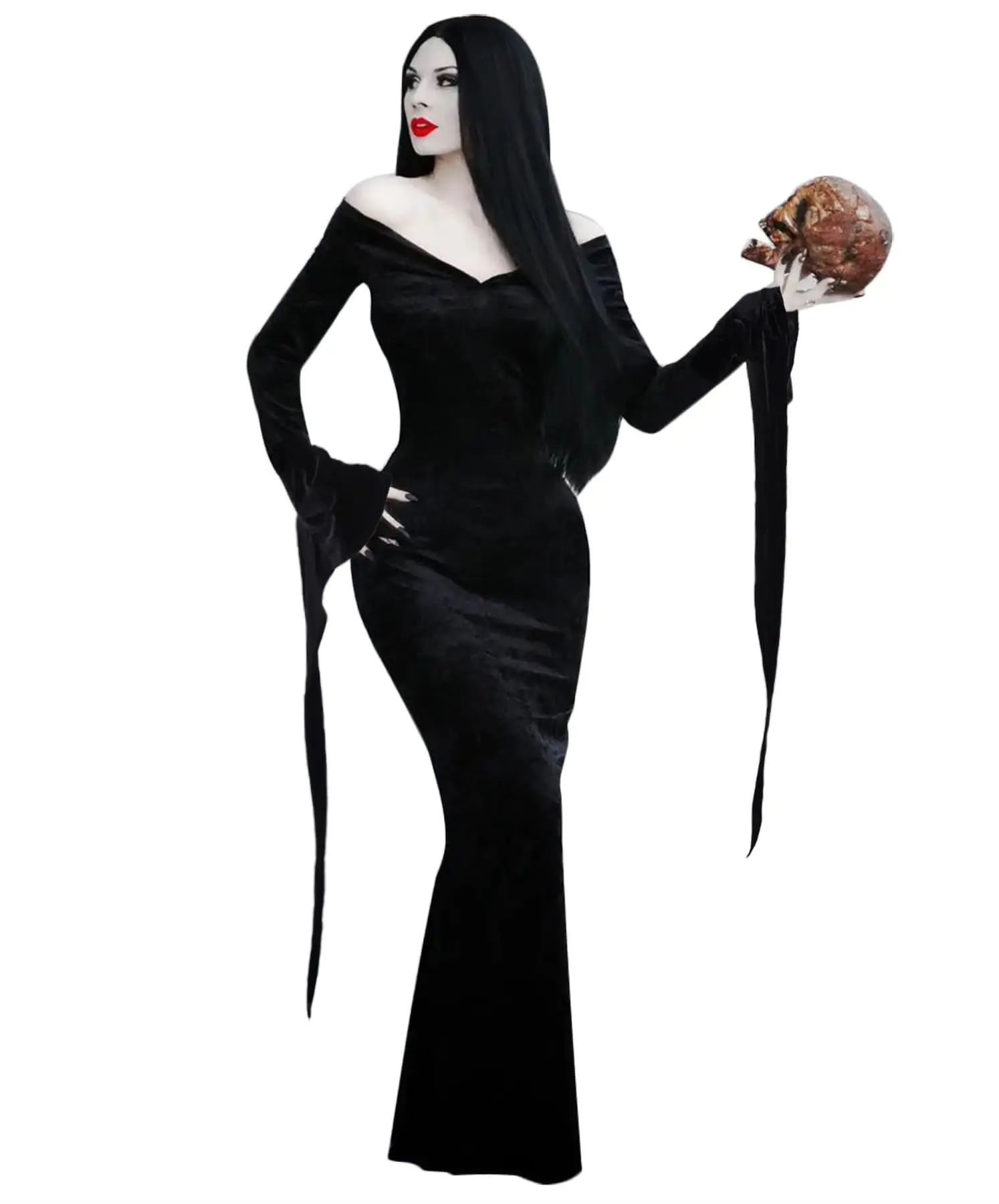 Morticia Addams Dress Pugsley Anime Cosplay Costume Women Adult Gothic Witch Dress with Rose Family Halloween Costumes