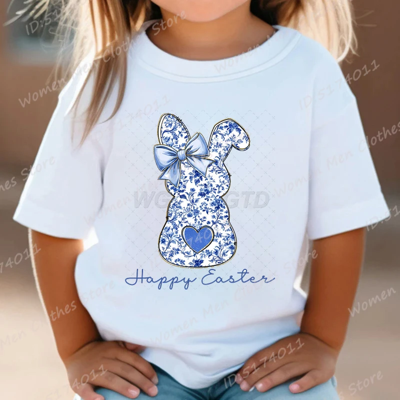

Happy Easter Floral Bunny Print T-shirt, Easter Day Tees, Cute Bunny T-shirts, Casual Short Sleeve Tshirt, Children Girl T-shirt
